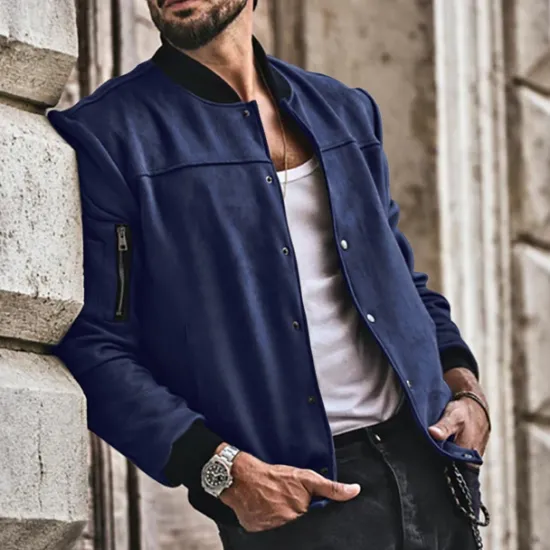 Sale OUKU Men's Lightweight Jacket Bomber Jacket Bomber Leather Jacket Daily Vacation Soft Pocket Spring & Fall Plain Fashion Classic Stand Collar Regular Apricot Black Red Navy Blue Brown Jacket