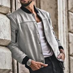 Sale OUKU Men's Lightweight Jacket Bomber Jacket Bomber Leather Jacket Daily Vacation Soft Pocket Spring & Fall Plain Fashion Classic Stand Collar Regular Apricot Black Red Navy Blue Brown Jacket