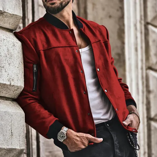 Sale OUKU Men's Lightweight Jacket Bomber Jacket Bomber Leather Jacket Daily Vacation Soft Pocket Spring & Fall Plain Fashion Classic Stand Collar Regular Apricot Black Red Navy Blue Brown Jacket