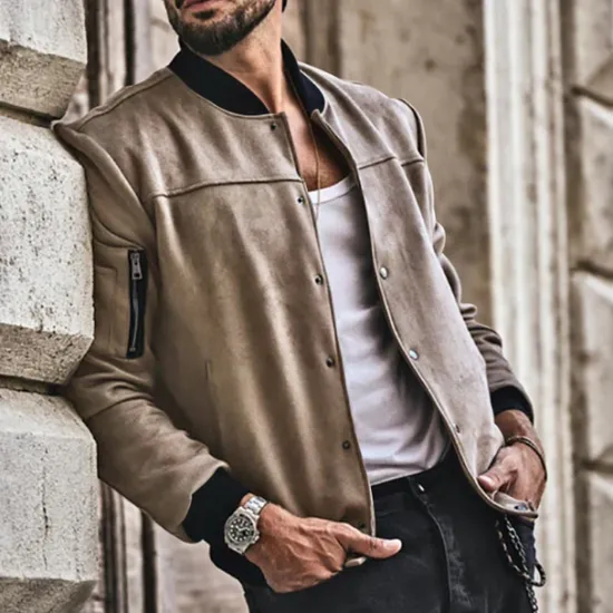 Sale OUKU Men's Lightweight Jacket Bomber Jacket Bomber Leather Jacket Daily Vacation Soft Pocket Spring & Fall Plain Fashion Classic Stand Collar Regular Apricot Black Red Navy Blue Brown Jacket