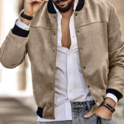 Sale OUKU Men's Lightweight Jacket Bomber Jacket Bomber Leather Jacket Daily Vacation Soft Pocket Spring & Fall Plain Fashion Classic Stand Collar Regular Apricot Black Red Navy Blue Brown Jacket