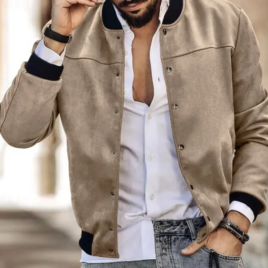 Sale OUKU Men's Lightweight Jacket Bomber Jacket Bomber Leather Jacket Daily Vacation Soft Pocket Spring & Fall Plain Fashion Classic Stand Collar Regular Apricot Black Red Navy Blue Brown Jacket