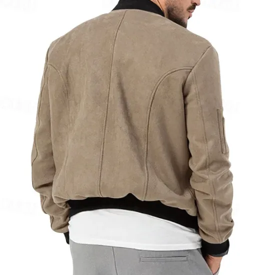 Sale OUKU Men's Lightweight Jacket Bomber Jacket Bomber Leather Jacket Daily Vacation Soft Pocket Spring & Fall Plain Fashion Classic Stand Collar Regular Apricot Black Red Navy Blue Brown Jacket