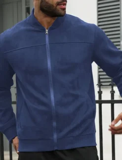 Outlet OUKU Men's Lightweight Jacket Bomber Jacket Faux Suede Jacket Bomber Leather Jacket Daily Vacation Pocket Fall & Winter Plain Fashion Classic Stand Collar Regular Black Navy Blue Royal Blue Khaki Army