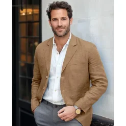 New OUKU Men's Lightweight Jacket Blazer Jacket Formal Office Street Daily Spring & Summer Cotton And Linen Solid Color Comfy Single Breasted Blazer Light Green Navy Blue Brown khaki
