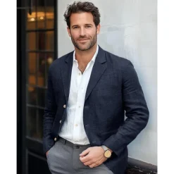 New OUKU Men's Lightweight Jacket Blazer Jacket Formal Office Street Daily Spring & Summer Cotton And Linen Solid Color Comfy Single Breasted Blazer Light Green Navy Blue Brown khaki