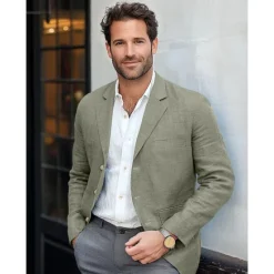 New OUKU Men's Lightweight Jacket Blazer Jacket Formal Office Street Daily Spring & Summer Cotton And Linen Solid Color Comfy Single Breasted Blazer Light Green Navy Blue Brown khaki