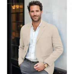 New OUKU Men's Lightweight Jacket Blazer Jacket Formal Office Street Daily Spring & Summer Cotton And Linen Solid Color Comfy Single Breasted Blazer Light Green Navy Blue Brown khaki
