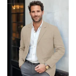 New OUKU Men's Lightweight Jacket Blazer Jacket Formal Office Street Daily Spring & Summer Cotton And Linen Solid Color Comfy Single Breasted Blazer Light Green Navy Blue Brown khaki