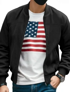 Online OUKU Men's Lightweight Jacket Bomber Jacket Cargo Jacket Transition Jacket Vacation Daily Warm Pocket Fall & Winter Plain Fashion Classic Stand Collar Regular Black Navy Blue Blue Brown Army Green Jacket