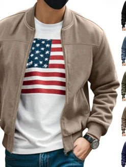 Online OUKU Men's Lightweight Jacket Bomber Jacket Cargo Jacket Transition Jacket Vacation Daily Warm Pocket Fall & Winter Plain Fashion Classic Stand Collar Regular Black Navy Blue Blue Brown Army Green Jacket
