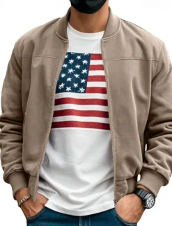 Online OUKU Men's Lightweight Jacket Bomber Jacket Cargo Jacket Transition Jacket Vacation Daily Warm Pocket Fall & Winter Plain Fashion Classic Stand Collar Regular Black Navy Blue Blue Brown Army Green Jacket