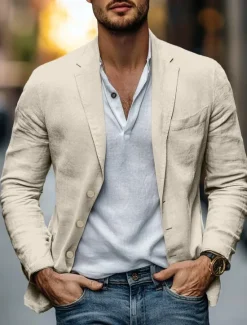 Hot OUKU Men's Lightweight Jacket Blazer Jacket Formal Office Fashion Daily Spring & Summer Cotton And Linen Solid Color Comfy Single Breasted Blazer Light Green Navy Blue Brown Beige
