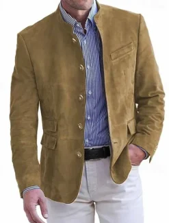 Outlet OUKU Men's Lightweight Jacket Casual Jacket Faux Suede Jacket Going out Soft Buckle Spring & Fall Casual Stand Collar Regular Light Khaki Black Navy Blue Khaki Army Green Jacket