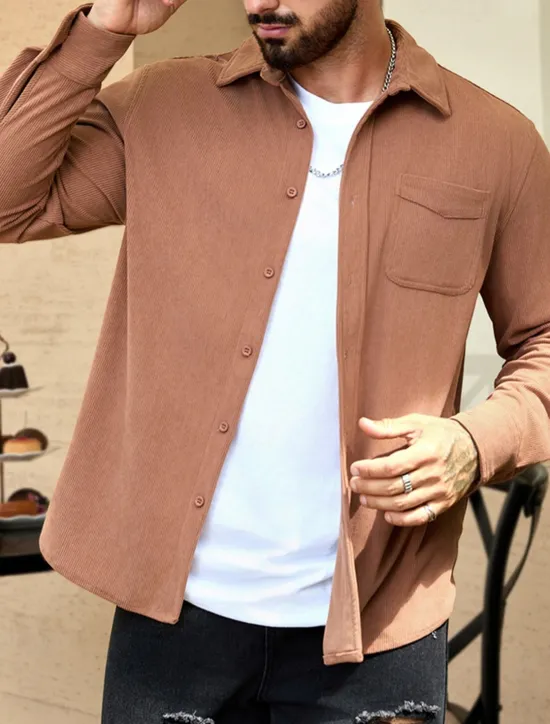 Hot OUKU Men's Lightweight Jacket Corduroy Jacket Casual Jacket Vacation Daily Wearproof Pocket Spring Fall Plain Fashion Classic Lapel Regular Black Navy Blue Camel Brown Khaki Jacket