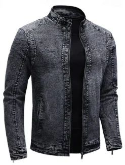 Sale OUKU Men's Lightweight Jacket Jean Jacket Denim Jacket Formal Home Windbreaker Zipper Spring Fall Winter Solid Color Fashion Stand Collar Regular Black Blue Jacket