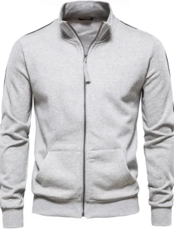 Online OUKU Men's Lightweight Jacket Outdoor Sport Zipper Pocket Spring & Fall Solid Color Sports Cool Standing Collar Regular Black Navy Blue Khaki Gray Jacket