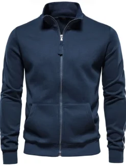 Online OUKU Men's Lightweight Jacket Outdoor Sport Zipper Pocket Spring & Fall Solid Color Sports Cool Standing Collar Regular Black Navy Blue Khaki Gray Jacket