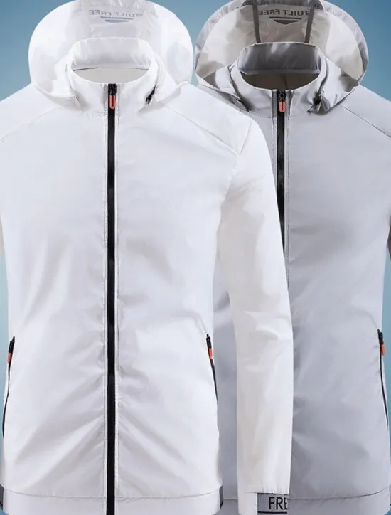 OUKU Men's Lightweight Jacket Outdoor Jacket Summer Jacket Windbreaker Vacation Daily Sunscreen Breathable Pocket Spring & Summer Plain Fashion Classic Hooded Regular White Gray Jacket