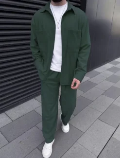 Online OUKU Men's Lightweight Jacket Summer Jacket Shirt Jacket Corduroy Jacket Vacation Daily Wearproof Pocket 2 Piece Fall & Winter Plain Fashion Classic Lapel Regular Black Sky Blue Dark Green Khaki Coffee