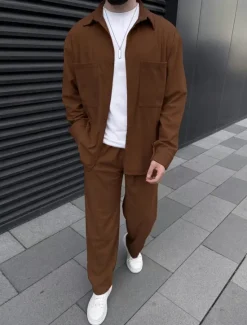 Online OUKU Men's Lightweight Jacket Summer Jacket Shirt Jacket Corduroy Jacket Vacation Daily Wearproof Pocket 2 Piece Fall & Winter Plain Fashion Classic Lapel Regular Black Sky Blue Dark Green Khaki Coffee