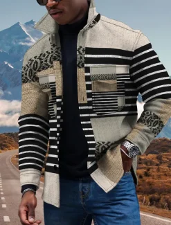 Sale OUKU Men's Lightweight Jacket Summer Jacket Outdoor Street Pocket Print Summer Spring Striped Streetwear Sporty Turndown Regular Regular Fit Jacket Beige