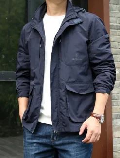 Best OUKU Men's Lightweight Jacket Summer Jacket Utility Jacket Cargo Jacket Outdoor Vacation Warm Pocket Fall Winter Plain Fashion Streetwear Hooded Regular Black Khaki Dark Blue Grey Jacket