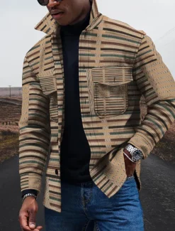Best OUKU Men's Lightweight Jacket Summer Jacket Outdoor Street Pocket Print Summer Spring Striped Streetwear Sporty Turndown Regular Regular Fit Jacket Yellow