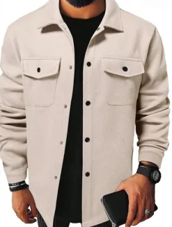 OUKU Men's Lightweight Jacket Trucker Jacket Summer Jacket Shirt Jacket Vacation Daily Pocket Fall & Winter Plain Fashion Classic Lapel Regular Apricot Black Yellow Navy Blue Light Grey Jacket