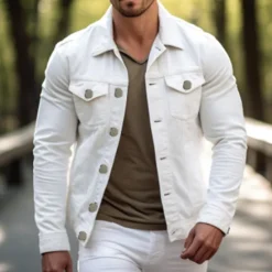 OUKU Men's Lightweight Jacket Trucker Jacket Summer Jacket Shirt Jacket Outdoor Vacation Spring Fall Plain Fashion Streetwear Lapel Regular Black White Jacket