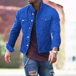 Discount OUKU Men's Lightweight Jacket Trucker Jacket Summer Jacket Shirt Jacket Vacation Daily Pocket Spring & Fall Plain Fashion Classic Lapel Regular Black White Red Navy Blue Blue Jacket