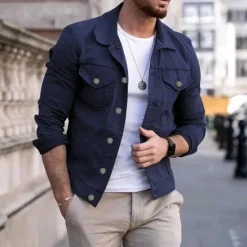 Discount OUKU Men's Lightweight Jacket Trucker Jacket Summer Jacket Shirt Jacket Vacation Daily Pocket Spring & Fall Plain Fashion Classic Lapel Regular Black White Red Navy Blue Blue Jacket