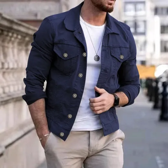 Discount OUKU Men's Lightweight Jacket Trucker Jacket Summer Jacket Shirt Jacket Vacation Daily Pocket Spring & Fall Plain Fashion Classic Lapel Regular Black White Red Navy Blue Blue Jacket