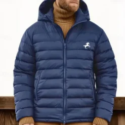 Hot OUKU Men's Lightweight Puffer Jacket with Hood Water-Resistant Down Jacket Insulated Puffy Coat Animal Horse Print Winter Jacket for Snow Ski Hiking Travel Navy Blue