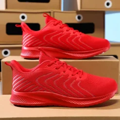 New OUKU Men's Lightweight Red Mesh Running Shoes - Breathable Athletic Sneakers for Sports and Casual Wear