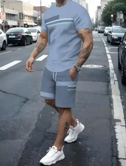 Online OUKU Men's Line 2pcs Tees sets Summer Tops Short Sleeve Short Pants Crew Neck Streetwear Sport Casual Sports & Outdoor Casual 3D Print Summer Black Light Green Blue