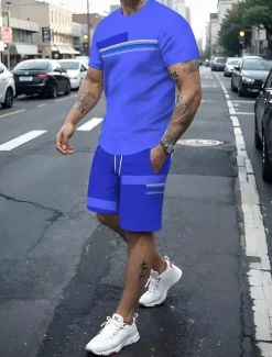 Online OUKU Men's Line 2pcs Tees sets Summer Tops Short Sleeve Short Pants Crew Neck Streetwear Sport Casual Sports & Outdoor Casual 3D Print Summer Black Light Green Blue