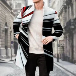 Outlet OUKU Men's Linear Winter Coat Fleece Jacket Overcoat Thermal Comfortable Business Casual Formal Outdoor Daily Wear Buttons 3D Print Front Pocket Winter Turndown Long Sleeve Black-white