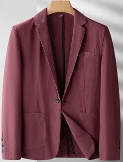 Discount OUKU Men's Linen Blazer Blazer Business Cocktail Party Wedding Party Fashion Casual Spring Autumn / Fall Ramie Solid Color Pocket Buttons Comfortable Single Breasted Blazer Black Burgundy Navy Blue Army