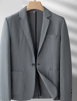 Discount OUKU Men's Linen Blazer Blazer Business Cocktail Party Wedding Party Fashion Casual Spring Autumn / Fall Ramie Solid Color Pocket Buttons Comfortable Single Breasted Blazer Black Burgundy Navy Blue Army