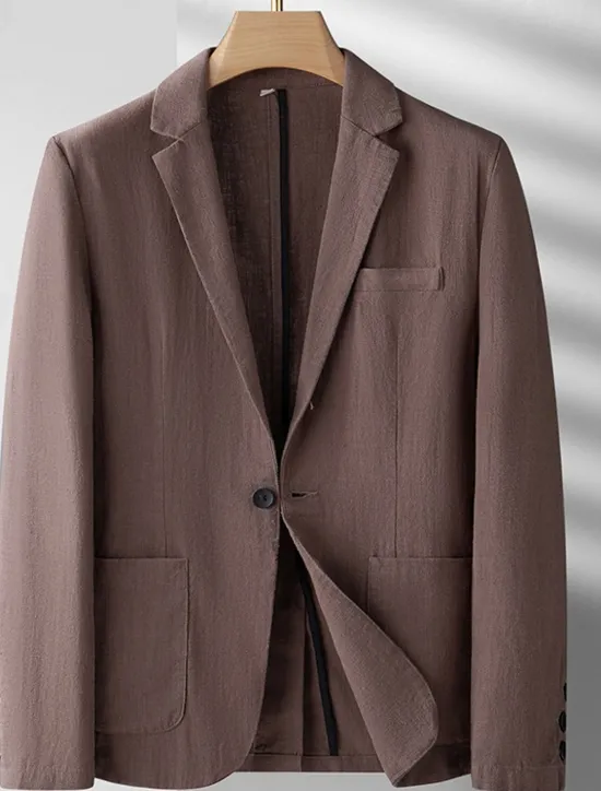 Discount OUKU Men's Linen Blazer Blazer Business Cocktail Party Wedding Party Fashion Casual Spring Autumn / Fall Ramie Solid Color Pocket Buttons Comfortable Single Breasted Blazer Black Burgundy Navy Blue Army