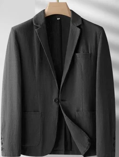 Discount OUKU Men's Linen Blazer Blazer Business Cocktail Party Wedding Party Fashion Casual Spring Autumn / Fall Ramie Solid Color Pocket Buttons Comfortable Single Breasted Blazer Black Burgundy Navy Blue Army