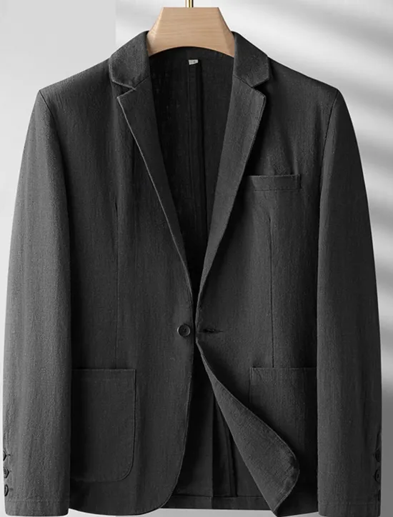 Discount OUKU Men's Linen Blazer Blazer Business Cocktail Party Wedding Party Fashion Casual Spring Autumn / Fall Ramie Solid Color Pocket Buttons Comfortable Single Breasted Blazer Black Burgundy Navy Blue Army