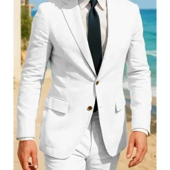 Discount OUKU Men's Linen Blazer Blazer Business Cocktail Party Wedding Party Fashion Casual Spring Autumn / Fall 30% Flax 70% Polyester Plain Pocket Buttons Comfortable Single Breasted Blazer White khaki Light