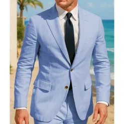 Discount OUKU Men's Linen Blazer Blazer Business Cocktail Party Wedding Party Fashion Casual Spring Autumn / Fall 30% Flax 70% Polyester Plain Pocket Buttons Comfortable Single Breasted Blazer White khaki Light