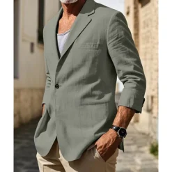 Sale OUKU Men's Linen Blazer Blazer Vacation Holiday Wedding Party Fashion Lightweight Spring & Fall Polyester Linen Plain Pocket Buttons Comfortable Single Breasted One-button Blazer Black Burgundy Dark Navy