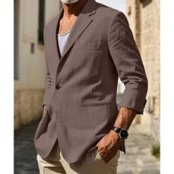 Sale OUKU Men's Linen Blazer Blazer Vacation Holiday Wedding Party Fashion Lightweight Spring & Fall Polyester Linen Plain Pocket Buttons Comfortable Single Breasted One-button Blazer Black Burgundy Dark Navy