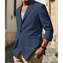 Sale OUKU Men's Linen Blazer Blazer Vacation Holiday Wedding Party Fashion Lightweight Spring & Fall Polyester Linen Plain Pocket Buttons Comfortable Single Breasted One-button Blazer Black Burgundy Dark Navy