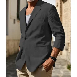 Sale OUKU Men's Linen Blazer Blazer Vacation Holiday Wedding Party Fashion Lightweight Spring & Fall Polyester Linen Plain Pocket Buttons Comfortable Single Breasted One-button Blazer Black Burgundy Dark Navy
