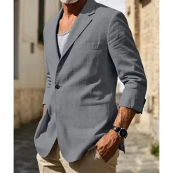 Sale OUKU Men's Linen Blazer Blazer Vacation Holiday Wedding Party Fashion Lightweight Spring & Fall Polyester Linen Plain Pocket Buttons Comfortable Single Breasted One-button Blazer Black Burgundy Dark Navy